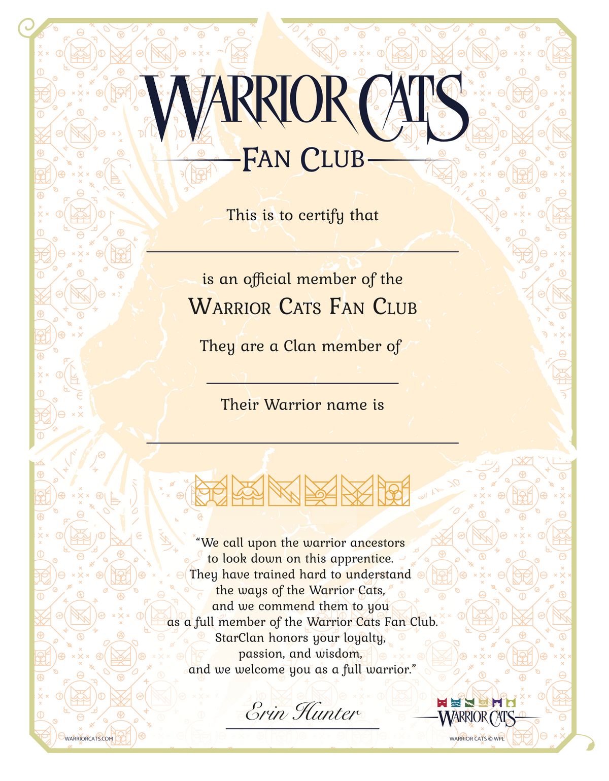 Warrior Cats Fan Club Certificate Warriors Cats Store - USA