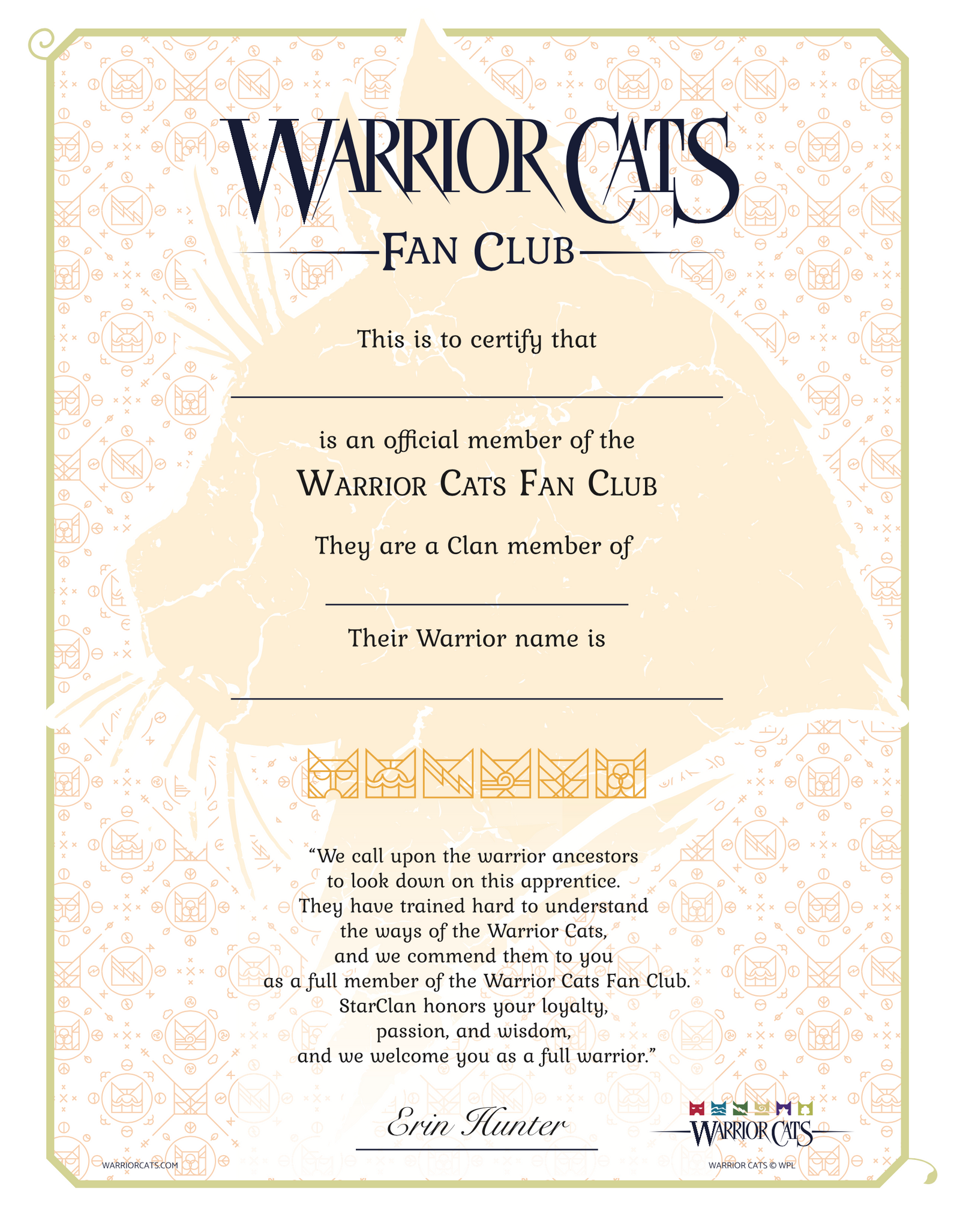 Warrior Cats Fan Club Certificate Warriors Cats Store - USA